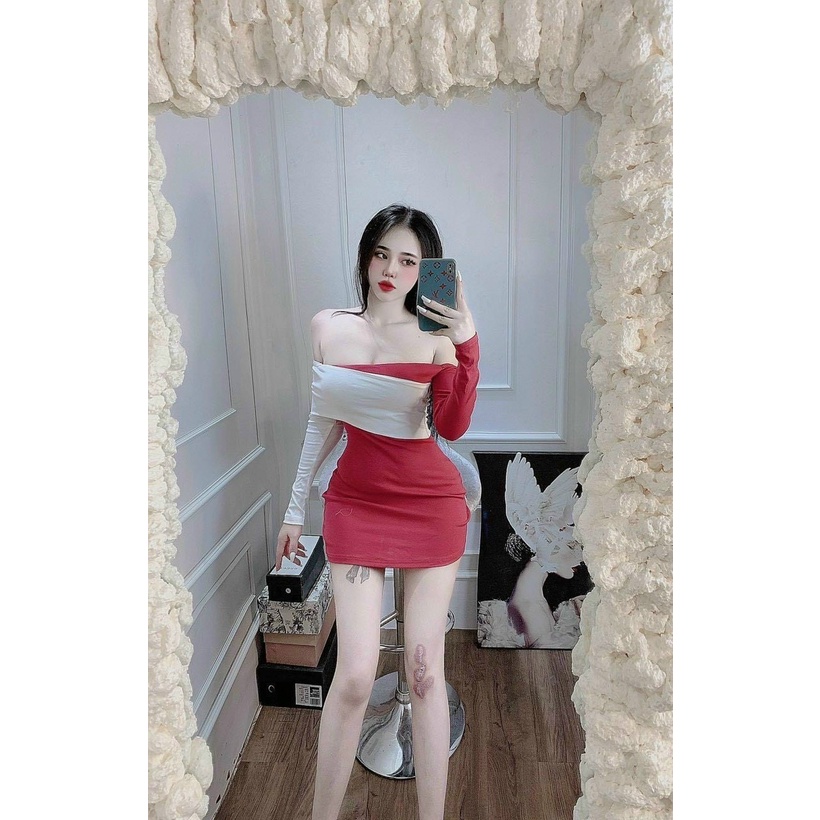 đầm tay dài phối tay 2 màu bẹt vai xinh na