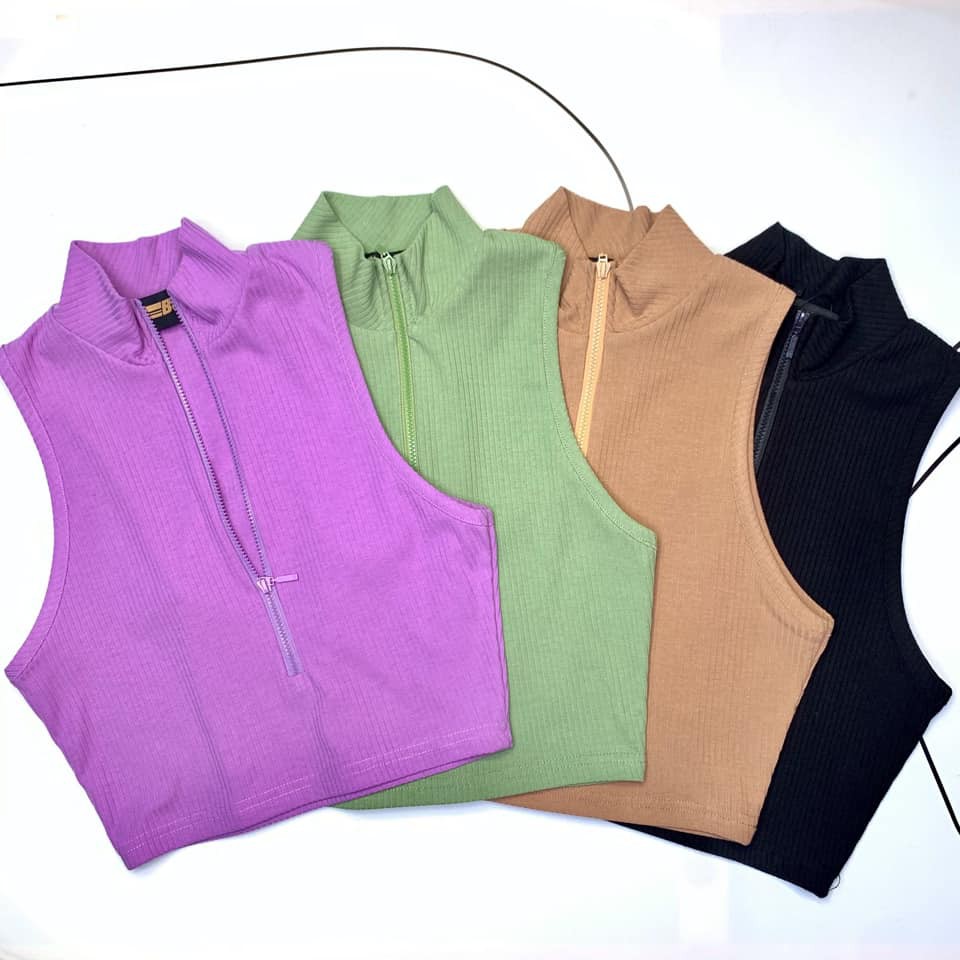 Áo Ba Lỗ BUSY Khóa Zip Croptop Cotton Len Tăm Co Giãn Ôm Sát BL3C