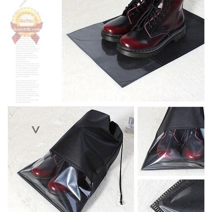 Túi đựng giày dép vải Oxford không dệt trơn dây rút có phần trong suốt