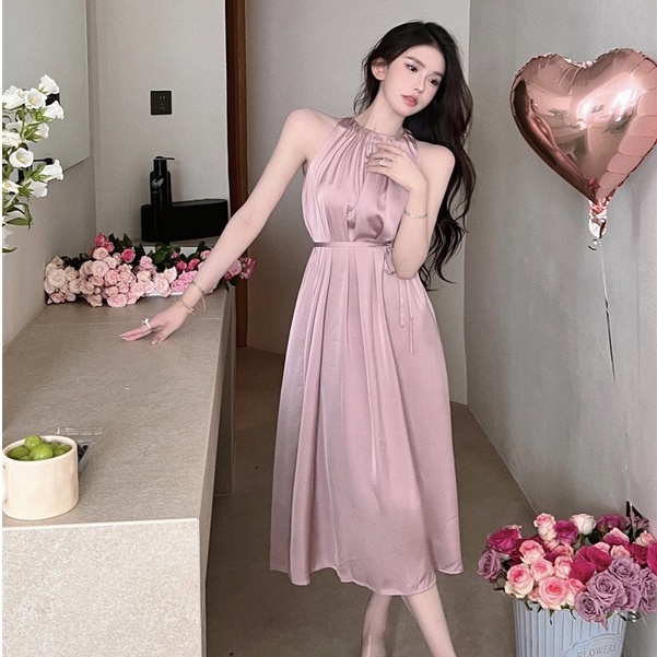 Đầm Satin Cao Cấp Hở Vai Dáng Ôm Sát Nách Cột Dây Thời Trang Pháp Cao Cấp