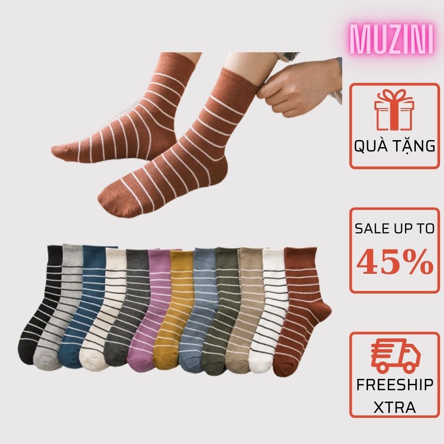 Vớ cotton cổ cao Muzini họa tiết kẻ sọc thời trang thu đông phong cách Hàn Quốc cho nữ TN99