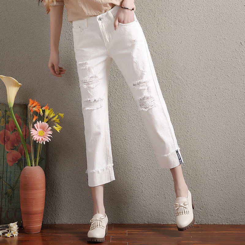 Nine-cent trousers torn jeans women's loose wide-legged straight trousers summer trousers new style casual outer wear