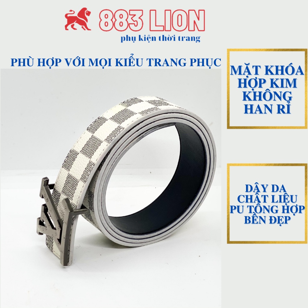 Thắt Lưng Nam LV Kẻ Caro Đen Trắng Mặt LV Bạc Có Chữ Hàng Cao Cấp Dây Da Mềm Tổng Hợp