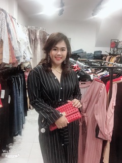 Đầm sơ mi sọc bigsize cột nơ eo trắng - đen - hồng