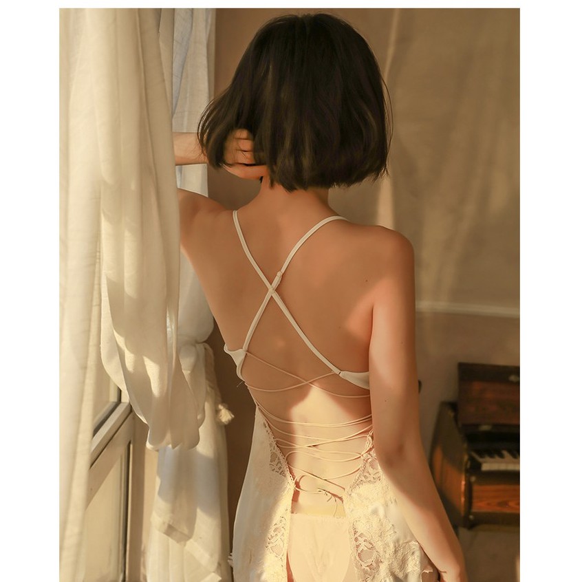 Váy ngủ satin viền ren cao cấp đan dây lưng | BigBuy360 - bigbuy360.vn