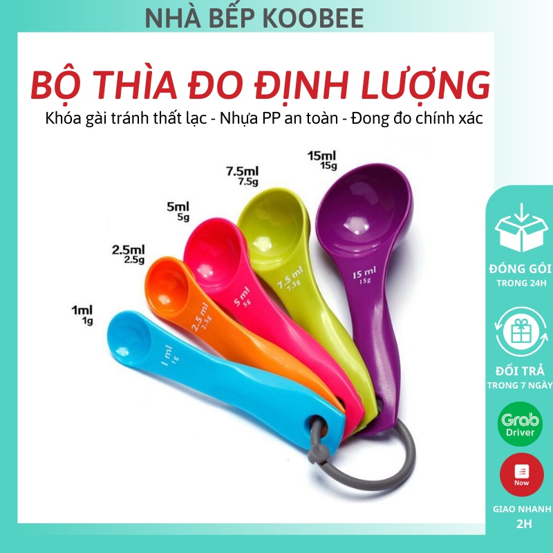 Bộ thìa đong, muỗng đong nhà bếp 5 cái, thìa đo lường, định lượng bột, sữa, gia vị, chế biến đồ ăn dặm cho bé