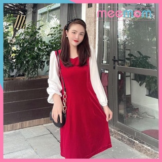 Váy bầu thu đông - đầm bầu thiết kế đi tiệc sang chảnh màu đỏ cổ vuông phối tay trắng HD40 - Meemom