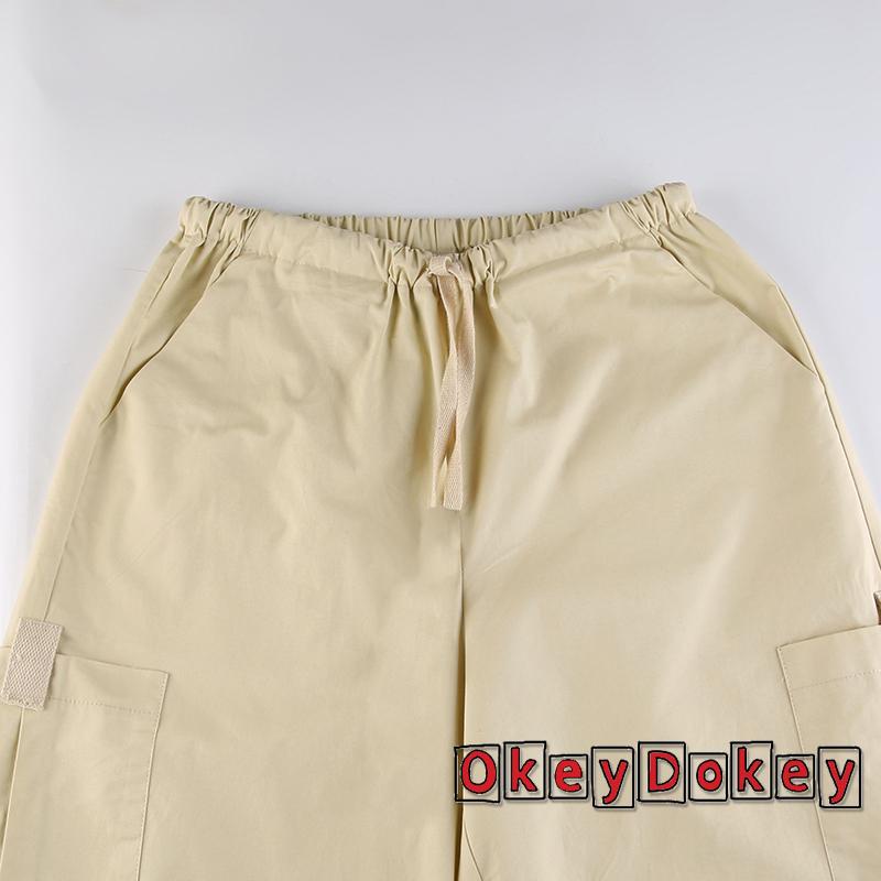 Quần Dài Ống Rộng Dây Rút Phối Túi Màu Trơn Phong Cách Retro Cho Nữ-Y2k