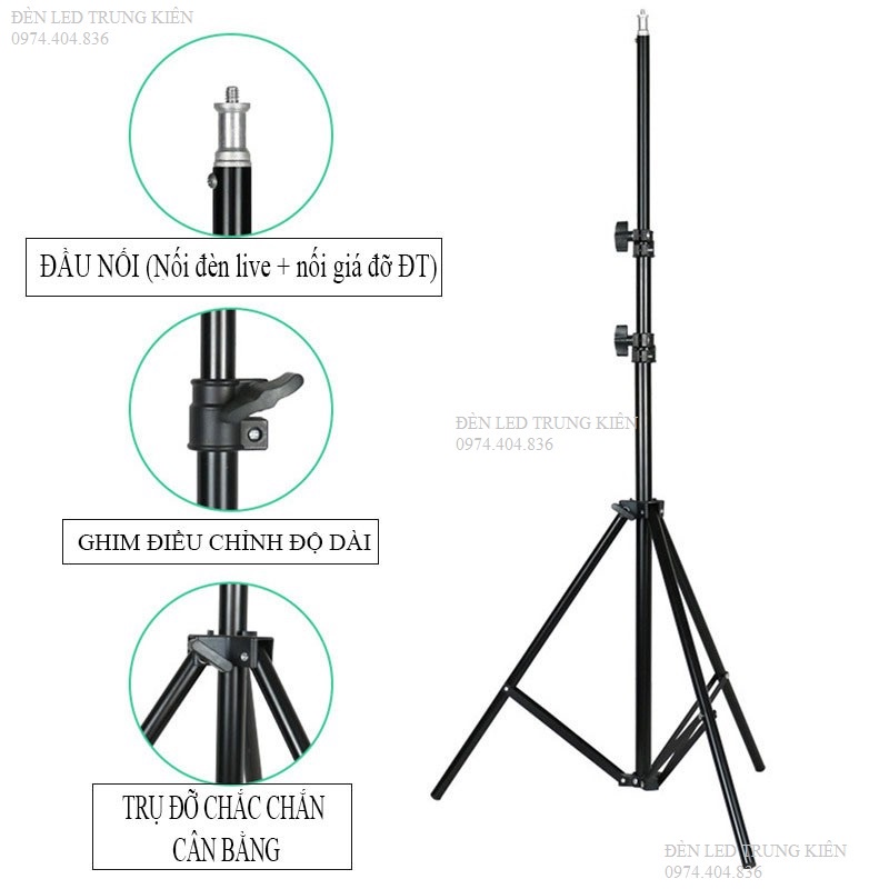 Chân đỡ đèn livestream Cao Cấp chiều cao tối đa 2m1, Đế 3 chân loại to siêu chắc chắn đa năng tiện dụng