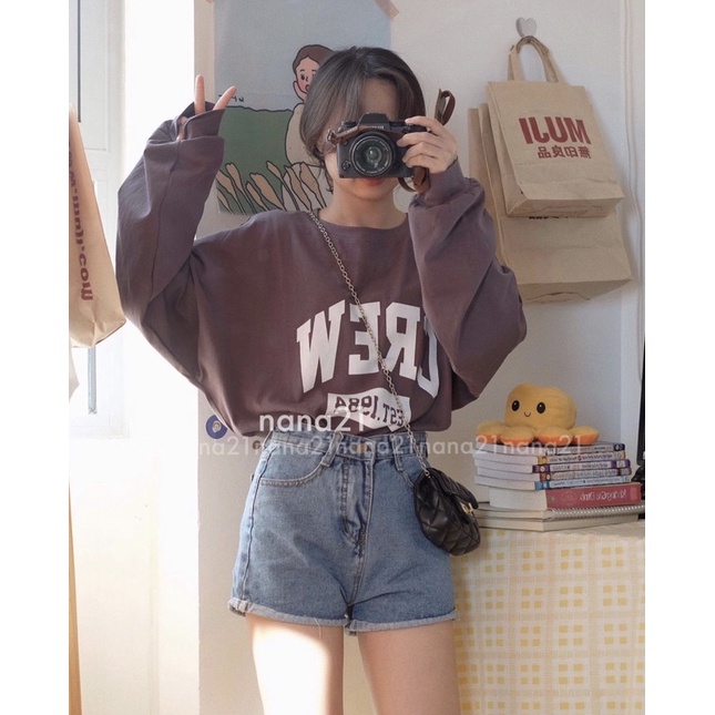 Áo thun dài tay 3158 chữ CREW bo viền 4 màu dáng xuông form oversize Lyn Closet A95L