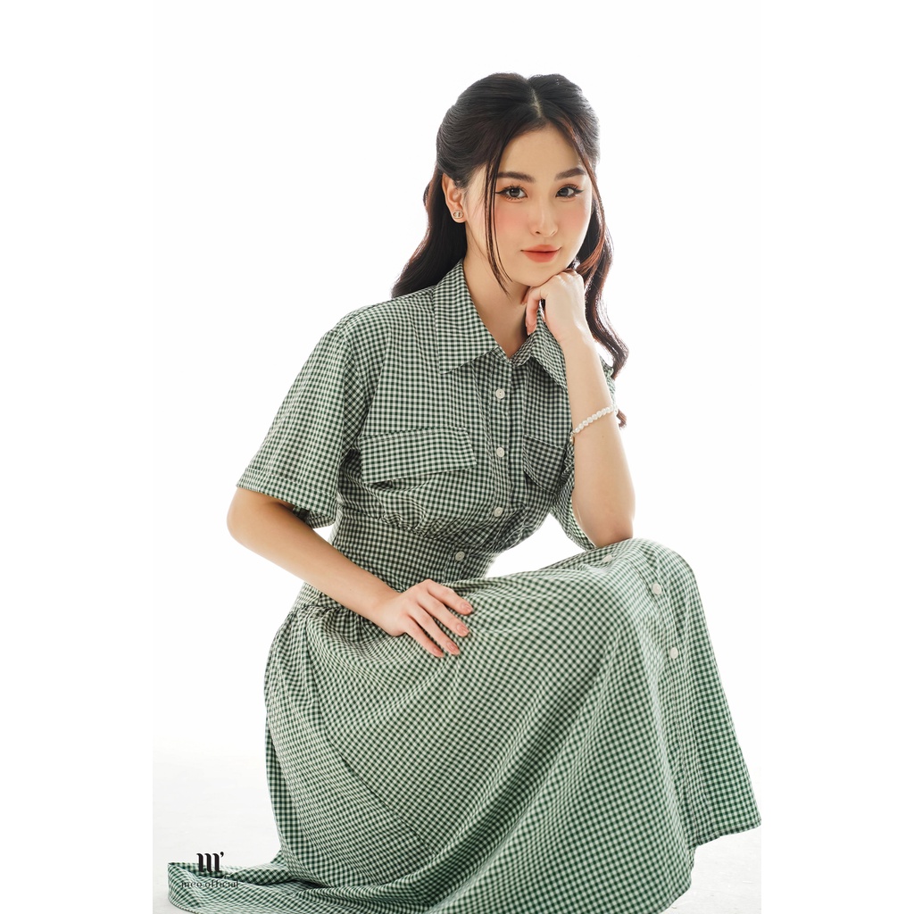 Đầm nữ Méo shop váy liền cổ sơ mi ngắn tay kẻ dáng xuông phong cách công sở Meila