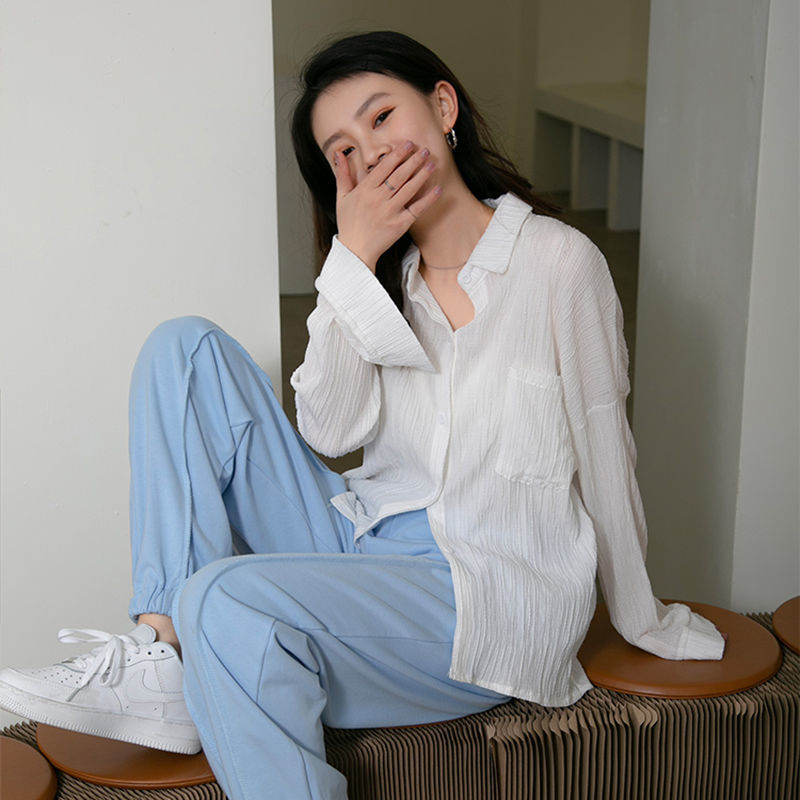 Áo Sơ Mi Dáng Dài Kẻ Sọc Màu Trơn Thời Trang Mùa Xuân 2021 Cho Nữ