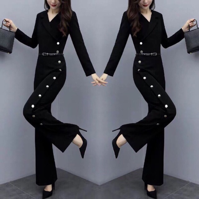Jumpsuit thời trang màu đen cổ vest đính nút size M L XL 2Xl