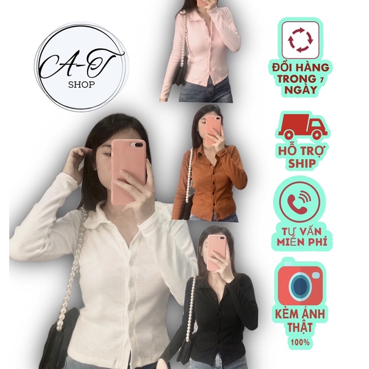 Áo Croptop Tay Dài ôm body, Áo thun nữ kiểu sơ mi cài nút phong cách Hàn Quốc đơn giản dễ phối đồ.
