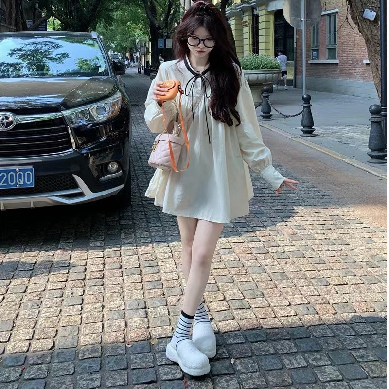 Đầm Sơ Mi Tay Dài Cổ Chữ v Phong Cách Thời Trang Nhật Bản 2022 Dễ Thương Xinh Xắn TTJ267