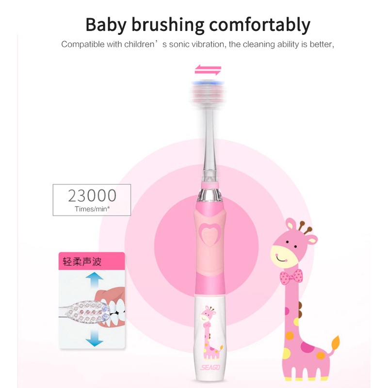 Seago Trẻ Em Âm Bàn Chải Đánh Răng Điện Cho 3-12 Lứa Tuổi Pin Đèn LED Âm Bàn Chải Tập Đánh Răng Hẹn Giờ Thông Minh Với 3 Thay Thế đầu Bàn Chải LELE