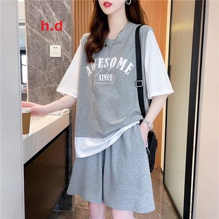 Sét bộ nữ áo thun phối màu và quần dáng thụng