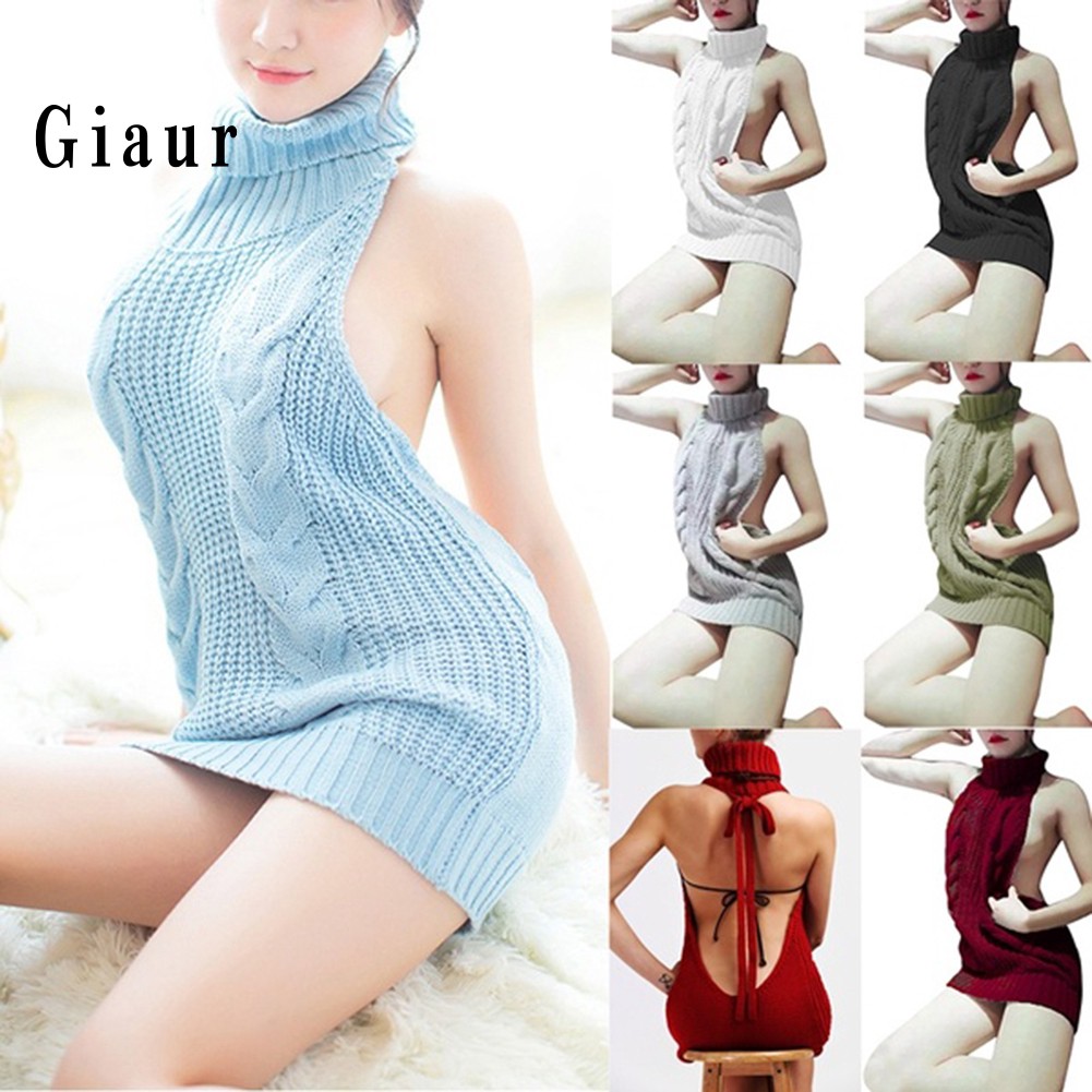 Promotion Women Sexy Backless Sleeveless Turtleneck Pullover Knit Sweater Cosplay Dress | BigBuy360 - bigbuy360.vn