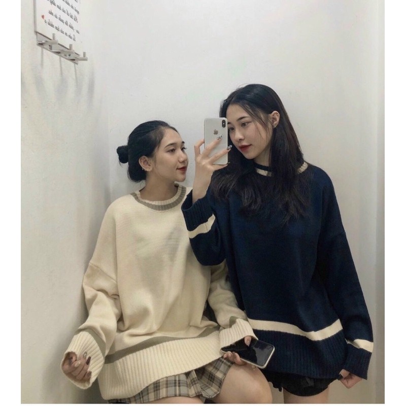 Áo Len Tay Dài thiết kế cổ tròn đơn giản sọc phần viền tạo điểm nhấn diện mùa thu đông style ullzang basic