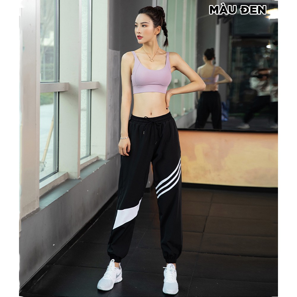 Quần jogger nữ tập Gym, Yoga, nhảy Zumba SIÊU NHẸ, có dây rút, thiết kế phối sọc lạ mắt