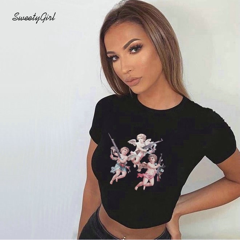 Áo croptop ngắn tay cổ tròn in họa tiết thiên thần thời trang trẻ trung cho nữ