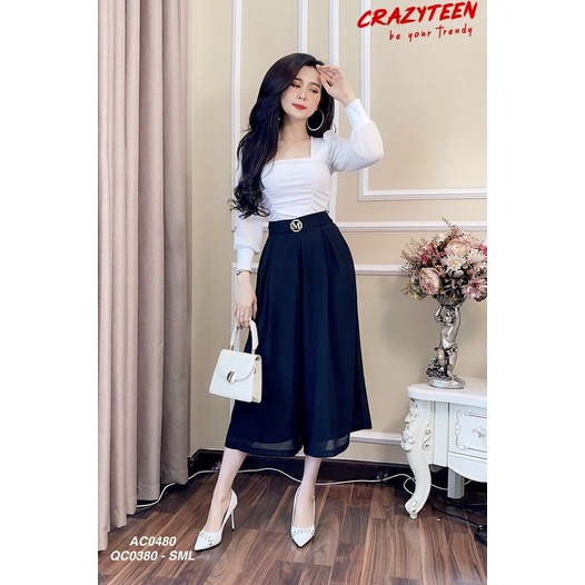 Quần váy nữ CRAZYTEEN lưng cao phối belt sang trọng QC0380