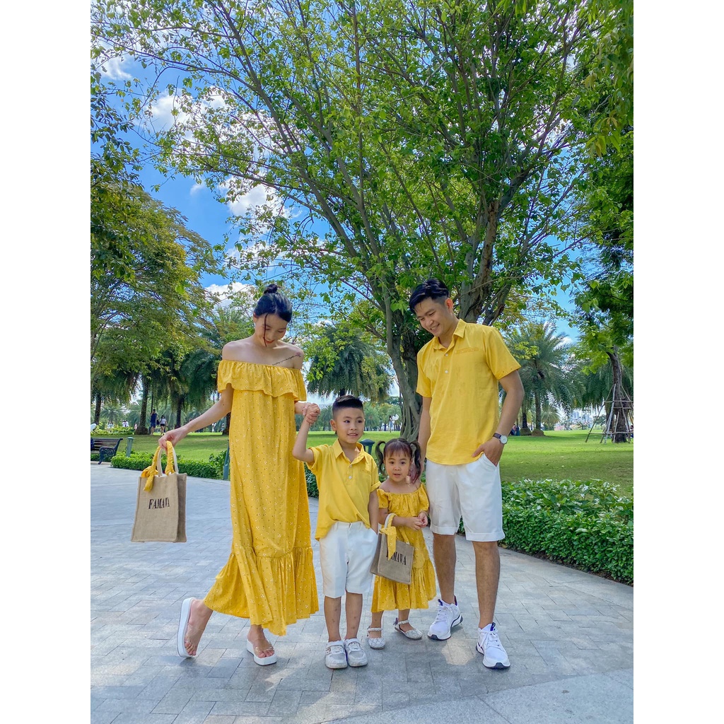 Set Gia Đình Vàng Tươi Hoa Nhí Xinh Lung Linh Fullsize 7-100kgs Chất Vải Đũi Cực Kỳ Mềm Mịn Thoáng Mát