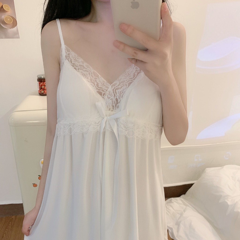 [ORDER TMALL 271] Váy Ngủ Lụa Công Chúa Hai Dây Ren Sexy Đệm Ngực