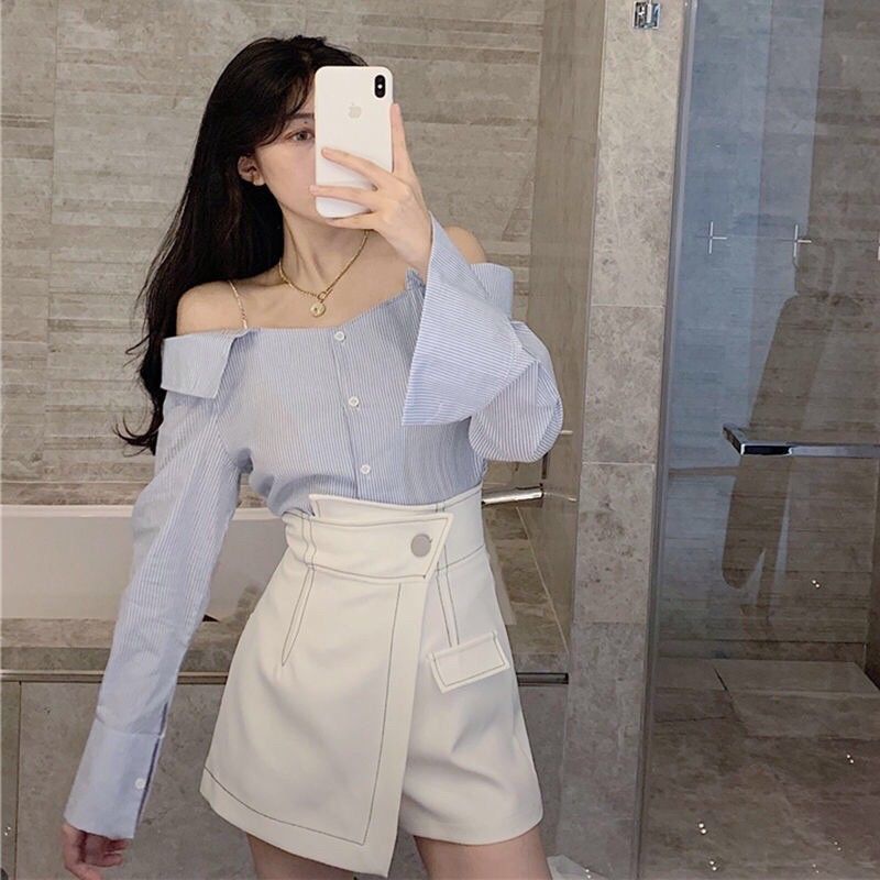 Quần giả váy nữ lưng cao, quần short nữ cạp cao tà xếp lệch vải tuyết mưa đen/trắng | BigBuy360 - bigbuy360.vn