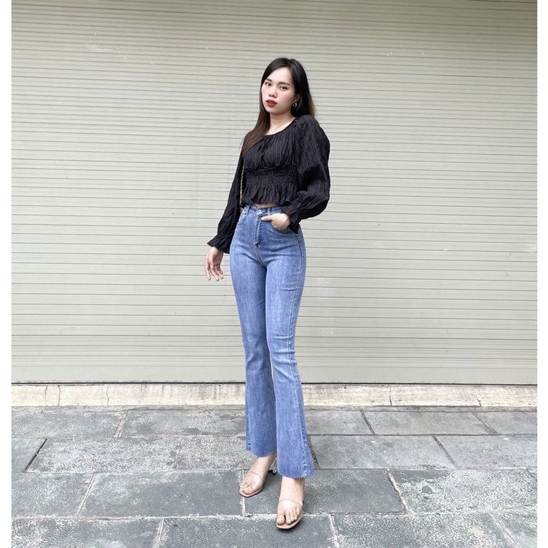 Quần Jean Nữ ống Loe YURI Lưng cao Kiểu trơn lai Cắt | BigBuy360 - bigbuy360.vn