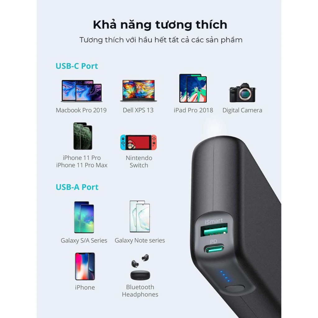 Pin sạc dự phòng RAVPOWER RP-PB201,20000mAh PD 3.0 60W &amp; QC 3.0 18W , phiên bản Quốc tế chính hãng - Bảo Hành 15 Tháng