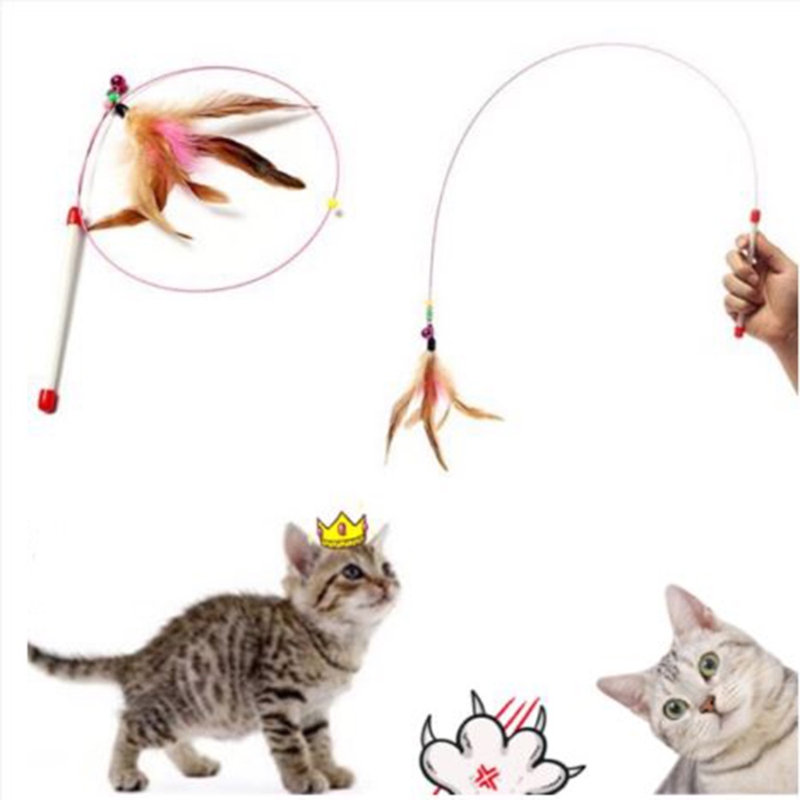 Cần câu mèo dây thép gắn lông hỗ trợ vận động, Đồ chơi gắn lông cho thú cưng, Gậy lông vũ cho mèo H94