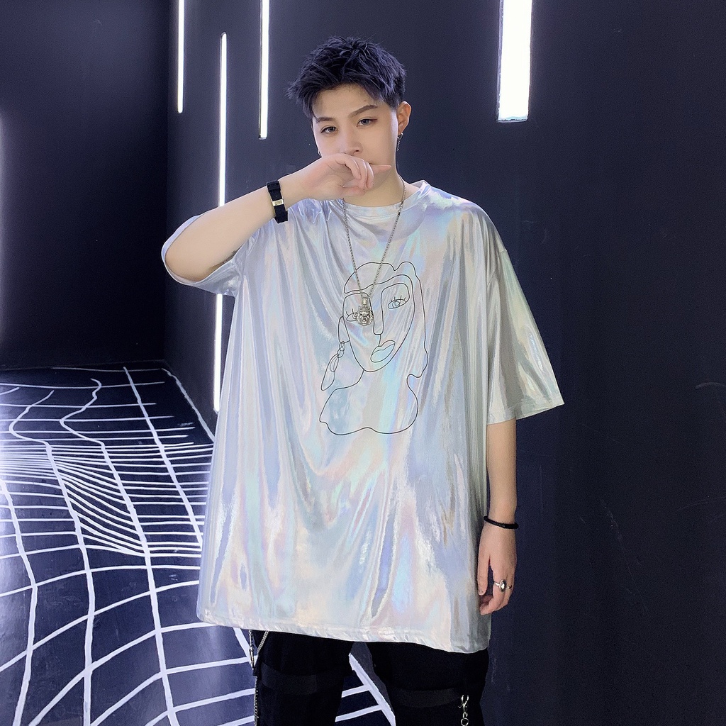 Áo Thun Tay Ngắn Cổ Tròn Đính Kim Sa Phản Quang Phong Cách Hàn Quốc Thời Trang Mùa Hè Cho Nam Giới 5 Màu Lựa Chọn