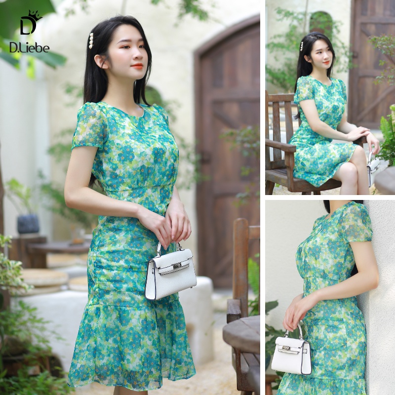 Váy voan tơ hoa tiểu thư hai lớp cổ tròn, đầm đuôi cá xếp ly thiết kế Dliebe - V012