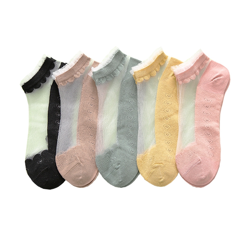 Lace Reffles Thin Girls Sheer Socks Japanese Sweet Transparent Glass Silk Cool Female Low Top Socks Candy Color Women Sexy Socks
