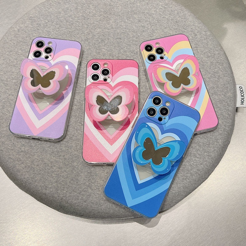 Ốp Điện Thoại Họa Tiết Trái Tim & Bướm Nhiều Màu Kèm Giá Đỡ Cho Iphone 11 12 Mini Pro Xs Max X Xr 7 8 Plus