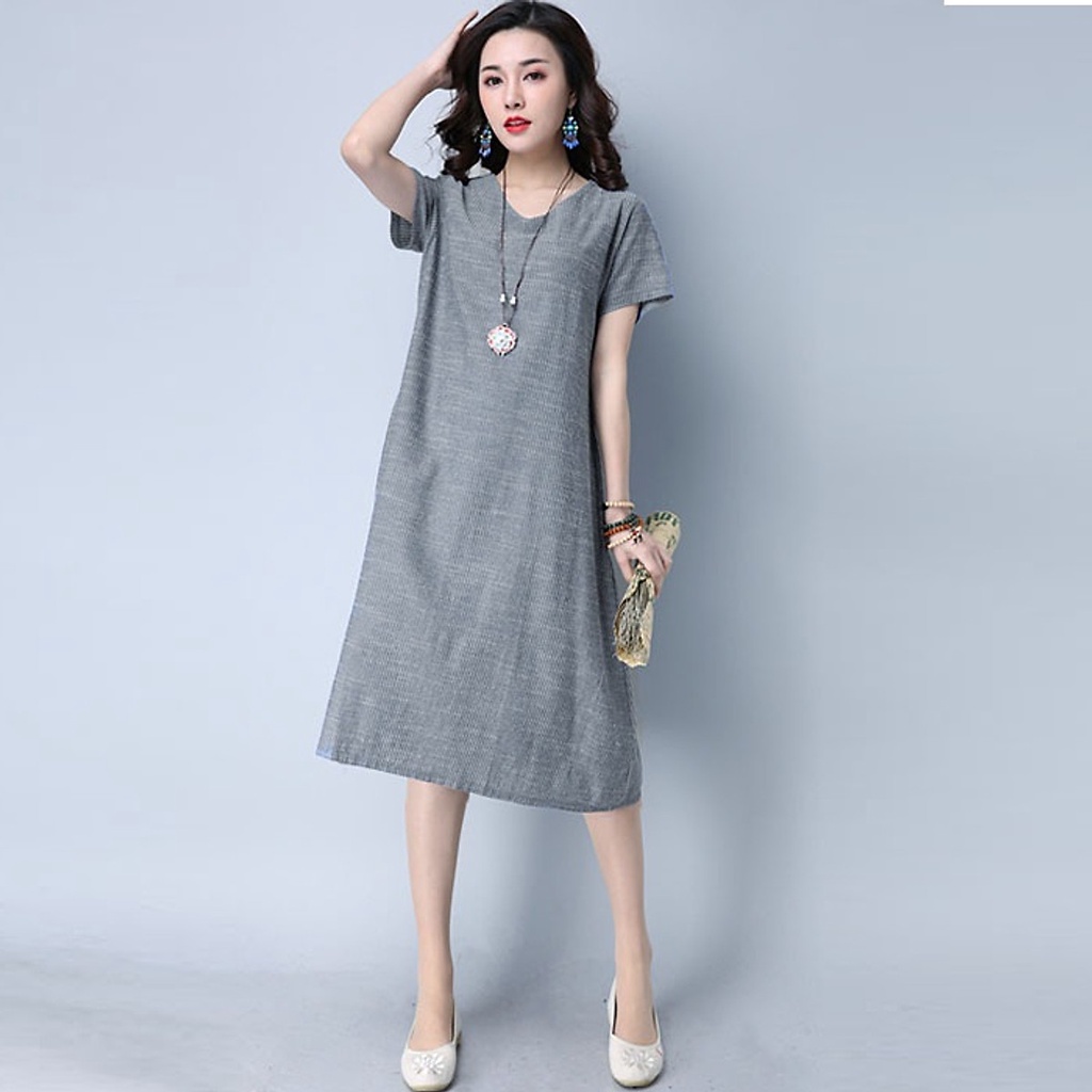 Đầm suông công sở vải thô kẻ sọc cổ tim