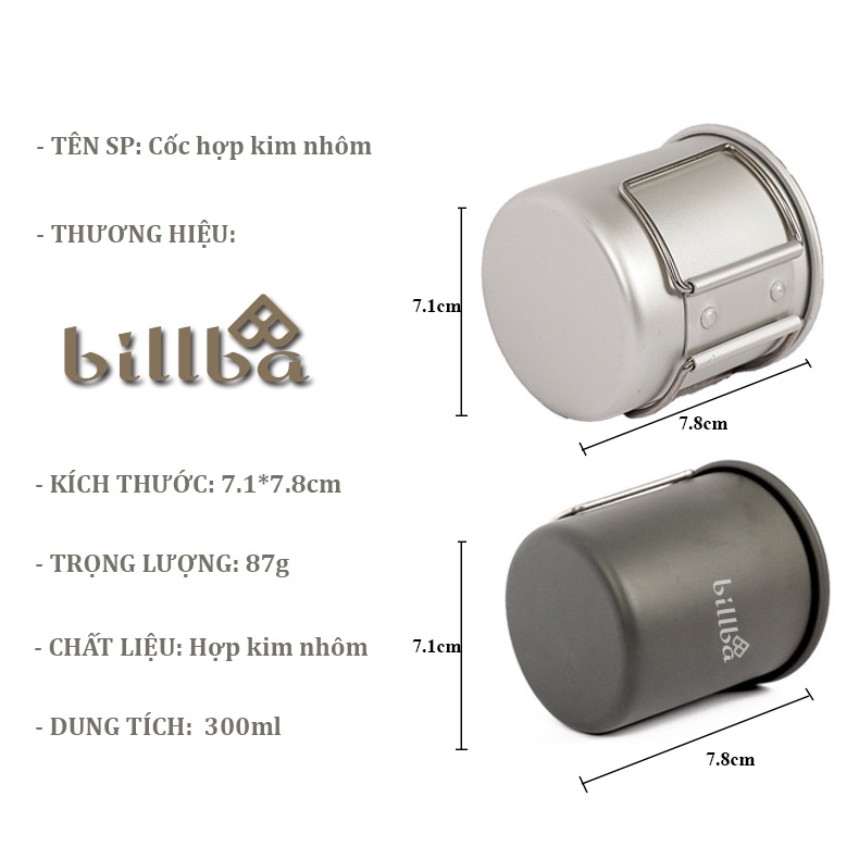 Cốc uống nước gấp gọn hợp kim nhôm 300ml, ly uống nước gấp gọn tiện dụng mang theo dã ngoại cắm trại - Billba Outdoors