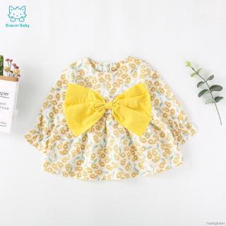 Baby Girls Floral Pattern Long Sleeve Dress With Big Bow Design Kids Toddler Pageant Sundress