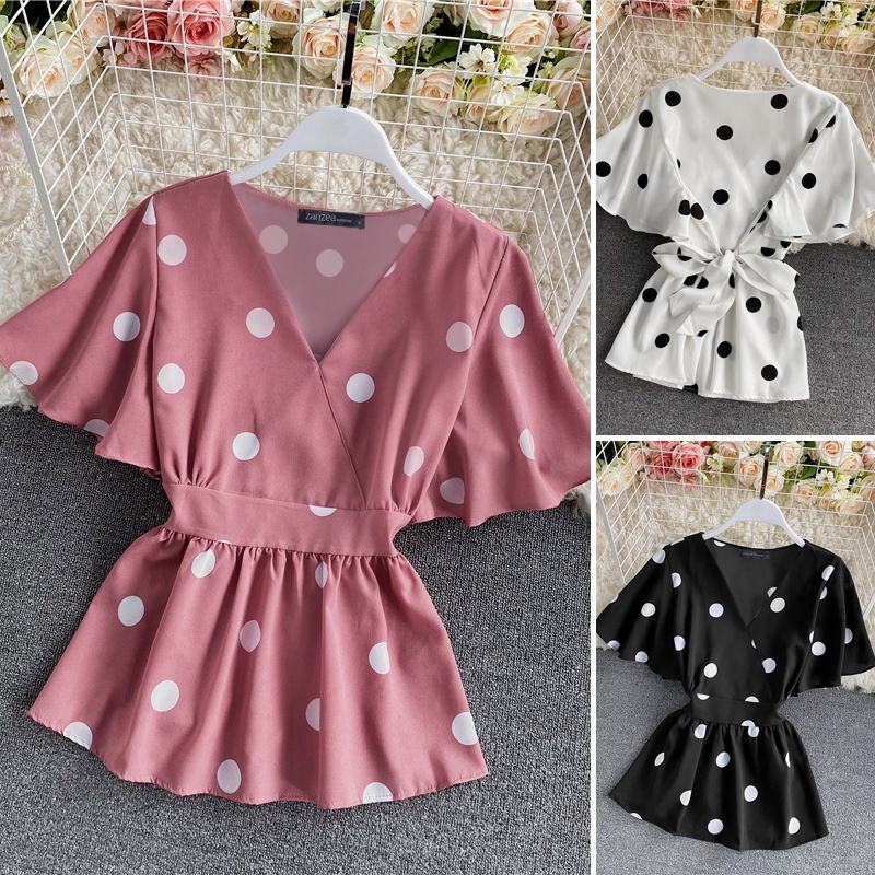 Áo kiểu ZANZEA cổ chữ V tay ngắn họa tiết chấm bi retro thời trang cho nữ