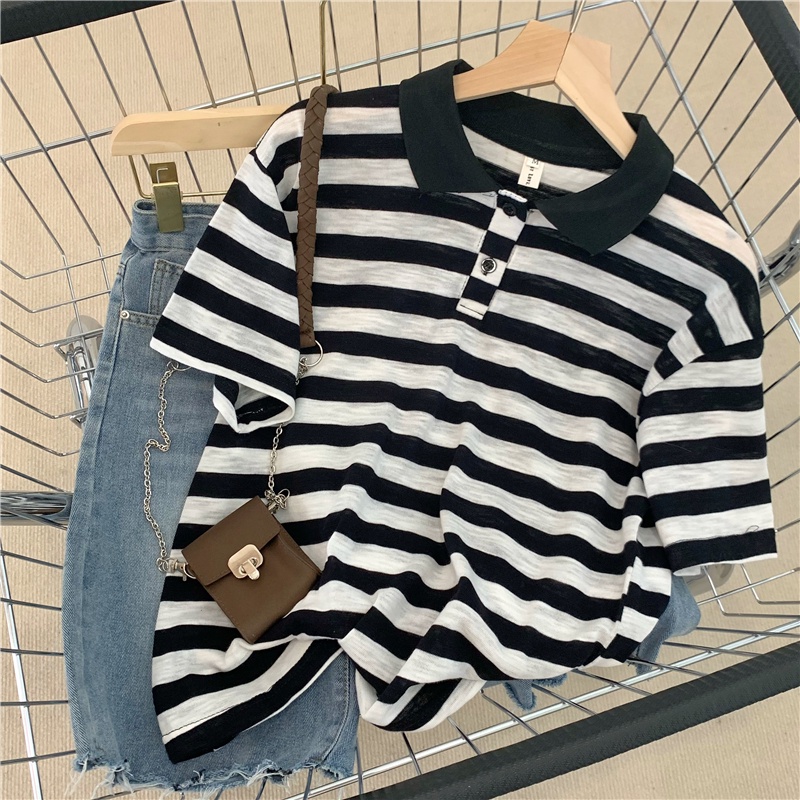 SUXI Áo polo Cotton Ngắn Tay Họa Tiết Sọc Ngang Thời Trang Dành Cho Nữ