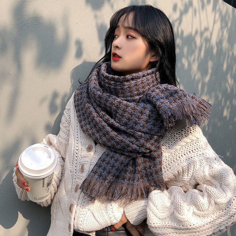 Khăn choàng len cashmere dày dặn giữ ấm họa tiết sọc caro phong cách Hàn quốc