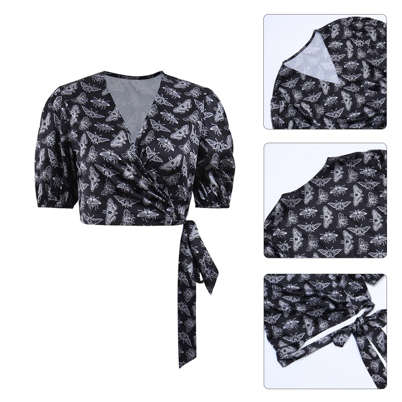 Áo Croptop Tay Ngắn Phồng Cổ Chữ V Buộc Dây In Họa Tiết Bướm Phong Cách Gothic Thời Trang Cho Nữ