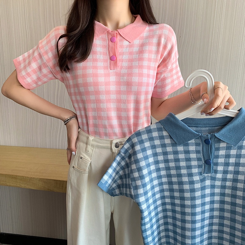 NZN Áo Dệt Kim Tay Ngắn Cổ Polo Họa Tiết Sọc Caro Phong Cách Hàn Quốc