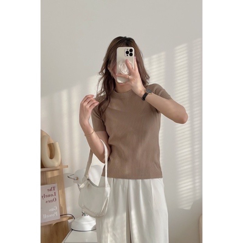 Áo len đũa cổ tròn tay ngăn basic