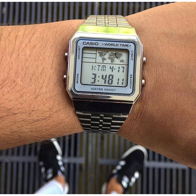 Đồng hồ Nam Casio A500WA, đồng hồ chính hãng, Điện Tử - Dây Kim Loại Mạ bạc chính hãng - Casio World time