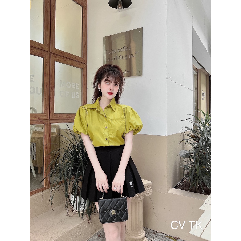 Áo sơ mi nữ tay bồng hàng thiết kế thời trang Banamo Fashion áo sơ mi cộc tay 3920