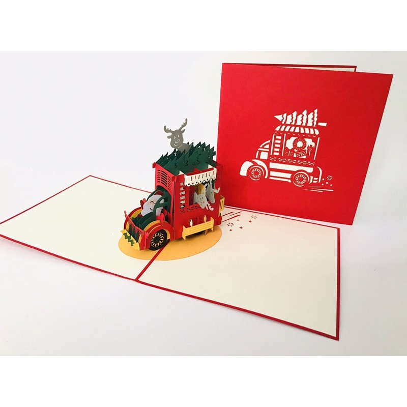 Thiệp 3d 2tpopup xe ông già noel giáng sinh