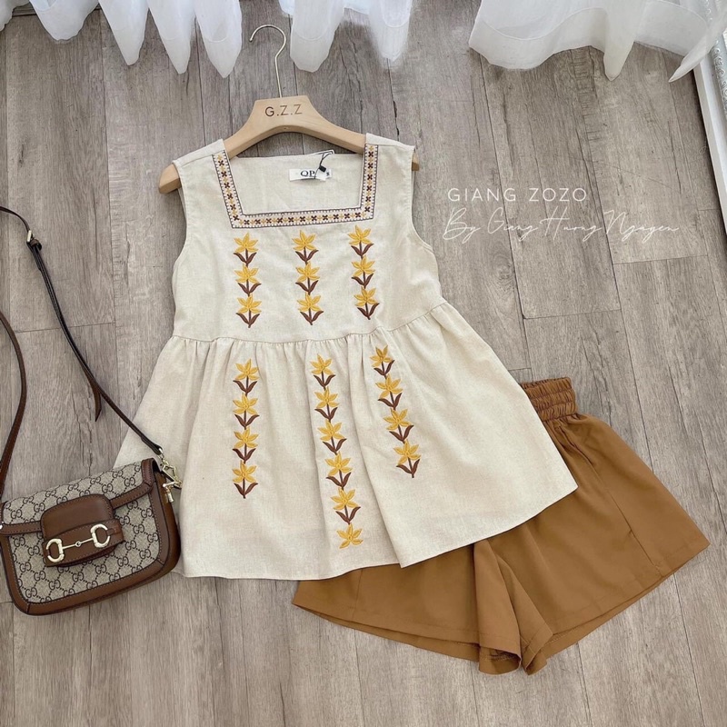 set khoét nách thêu hoạ tiết kèm sooc ống rộng