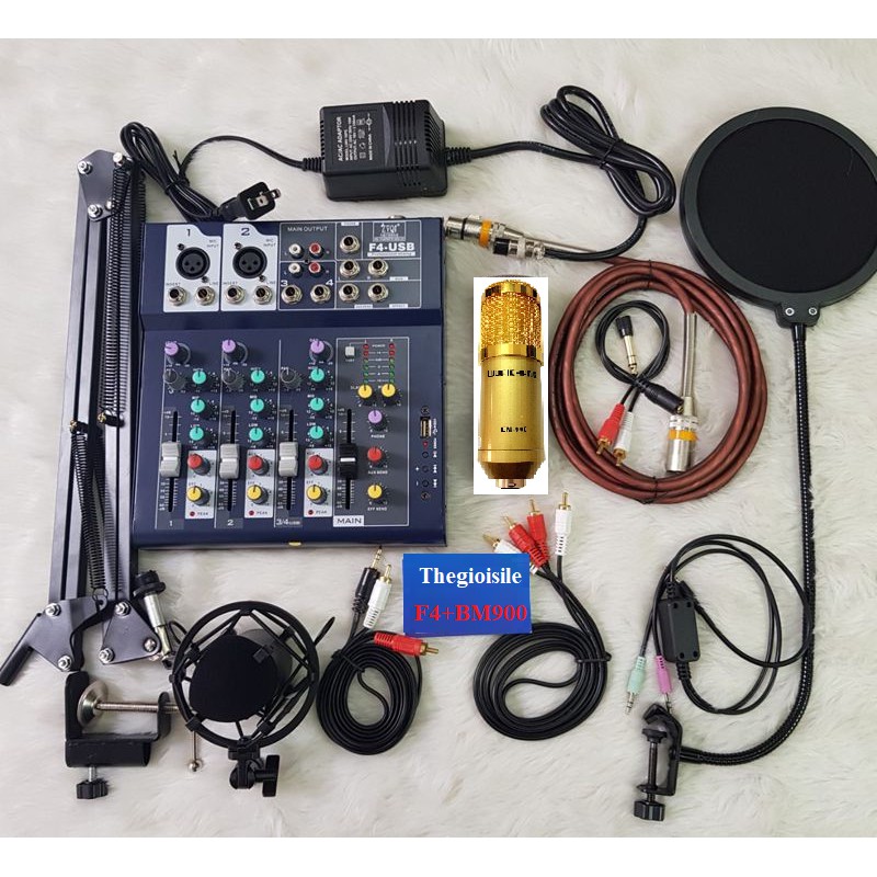 [Mã ELHACE giảm 4% đơn 300K] Combo Mic thu âm BM900 + Soundcard Mixer F4 FULL phụ kiện